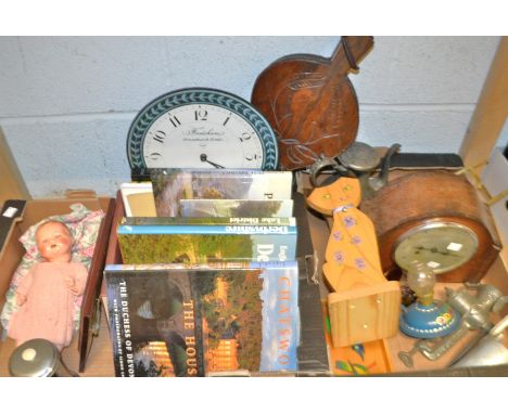 Boxes and Objects - an oak mantle clock; a German composite doll; Derbyshire interest books; kitchenalia; a pair of oak bello