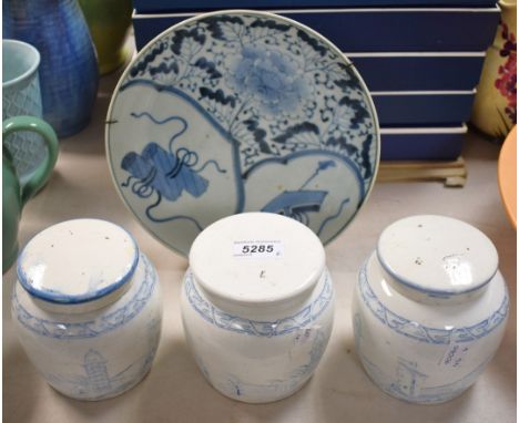 Three Chinese stoneware blue and white ginger jars, 12.5cm high;  a Japanese circular plate, decorated with scroll and peonie
