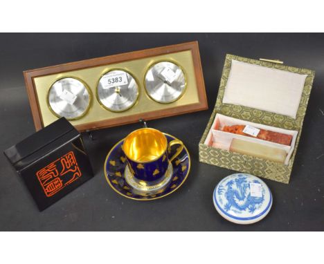 A Chinese blue and white export ware rouge pot and cover, black lacquer box and cover; a soapstone seal mounted with a carved