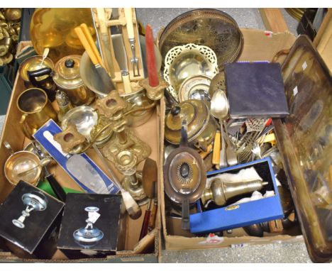 Metal Ware - a three branch candlestick; an ice bucket; tea and coffee pots; trays; flatware; etc 