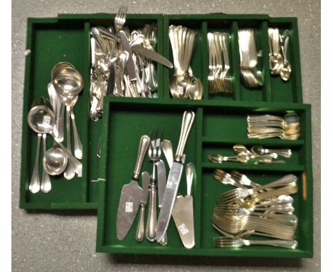 A Christofle twelve-setting canteen of silver-plated flatware, comprising table knives, forks and spoons, soup spoons fish kn