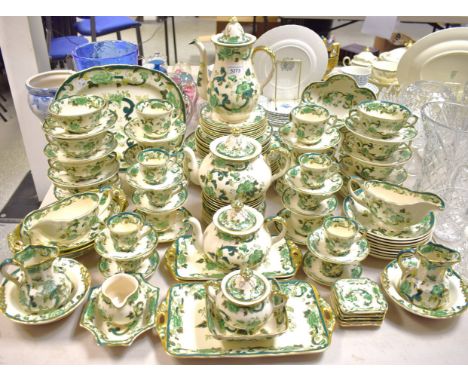A comprehensive Masons Chartreuse service, comprising dinner plates, side plates, soup dishes, tea pot, coffee pot, tea cups,