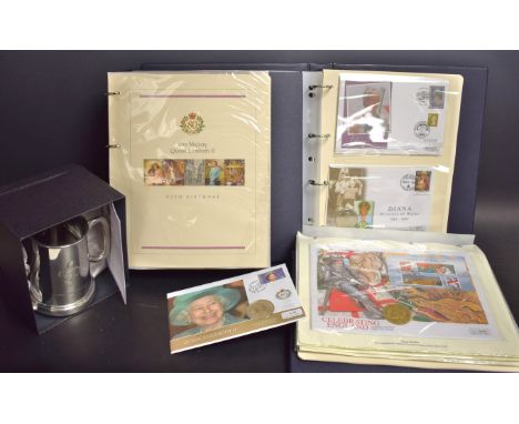 An album of First Day Covers, royal commemorative, Queen's 80th birthday, Princess Diana, other coin proof sets; a Wentworth 