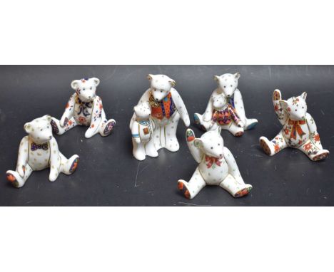 A Royal Crown Derby Mummy and Charlotte miniature bear; others similar; Daddy and George, Edward, Alice, Victoria, William, f