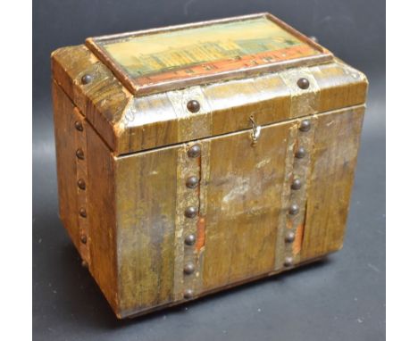 An unusual 19th century paper covered tea caddy, hinged cover set with a view of a Regency street, enclosing twin compartment