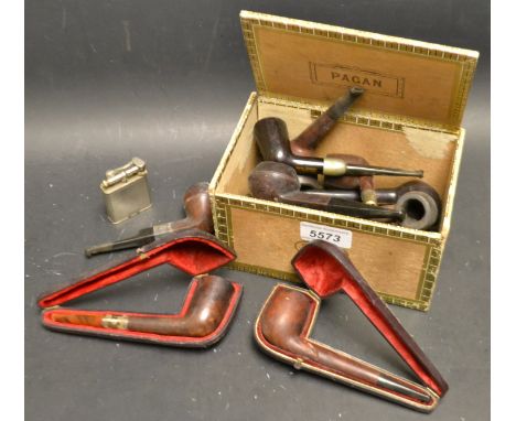 Tobacciana - a Thebee white metal mounted pipe, cased; others; lighter; brass boot tamper; etc.