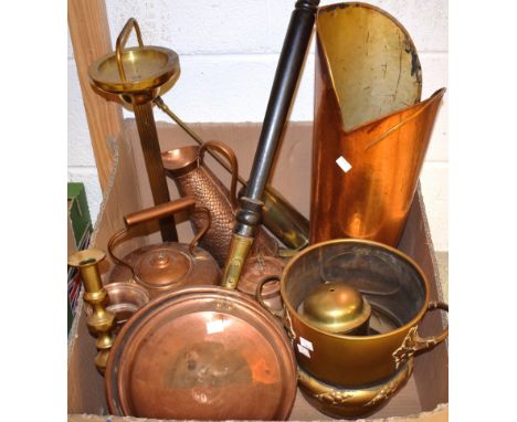A copper coal scuttle as a military boot with a brass buckle; a copper bed pan; an Arts and Crafts copper tea caddy; a copper