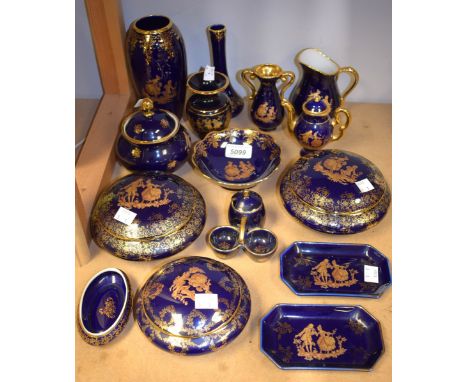 Ceramics - a pair of Limoges La Reine gilt and blue powder bowls and covers; another smaller; other vases, trinket trays, cru