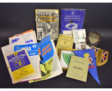 Football Memorabilia - World Cup Wembley 1966 shield;  1966 Mascot flag;  sticker;  Sheffield Wednesday programme;  England V
