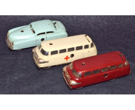 Schuco Toys -A Varianto clock work 3041 Limo, pale green;  others 3043 Sani Ambulance 3044 Bus, Maroon (3)