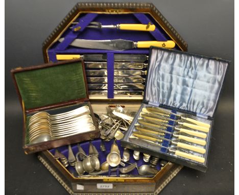 Silver Plated Ware - a canteen box; various flatware 