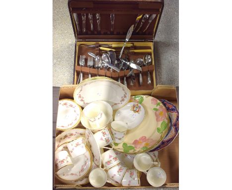 Ceramics - an E Hughes & Co Fenton China  tea service for twelve, transfer printed with pink floral garlands;  greek plates, 
