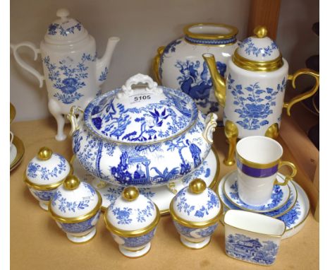 A Royal Crown Derby Mikado pattern tureen with cover; Minton blue  and white trial piece including coffee pots, trinket dishe