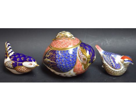 A Royal Crown Derby Quail sucrier and cover, second quality; a Royal Crown Derby paperweight, of a tit, second quality; a Roy