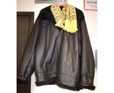 A vintage World War II style B3 black sheep skin leather flying jacket, size 46;  a Gentleman's Tootal  scarf (2)