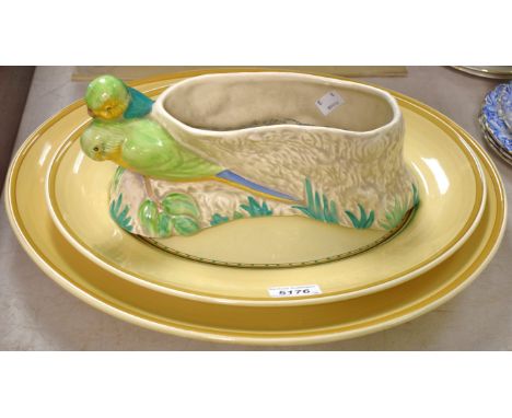 A Clarice Cliff birds planter; two oval meat plates (3)