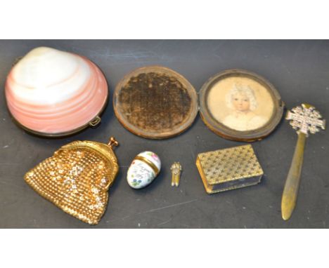 A 19th century portrait miniature, in Morocco case; a shell purse; a gilt purse; etc.