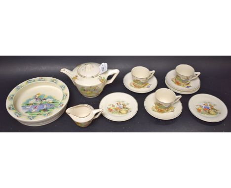 A Wade breakfast bowl Quack Quacks by Robert Barlow; a child's tea service comprising tea pot. tea plates, cream jug, cups an