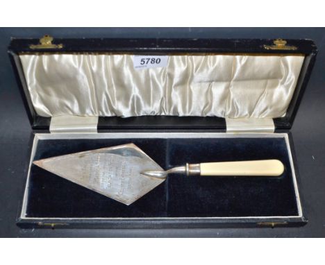 A silver plated Presentation trowel to Mary Moody, 1958, cased