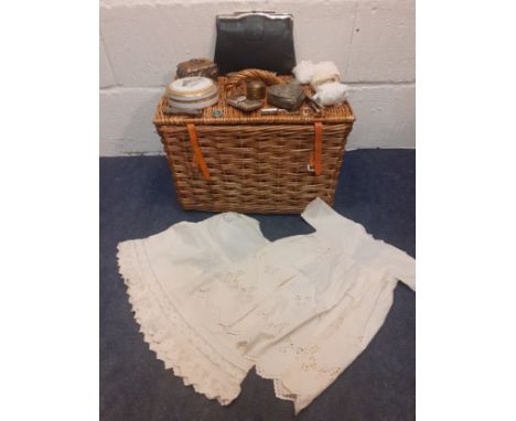 A picnic hamper containing small collectables and 2 vintage cotton children's dresses. Location:If there is no condition repo