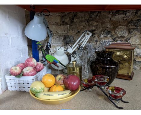 Mixed lot to include glassware, ceramic fruit ornaments, and two anglepoise style lamps; 1st WW brass canister and cover, Kun