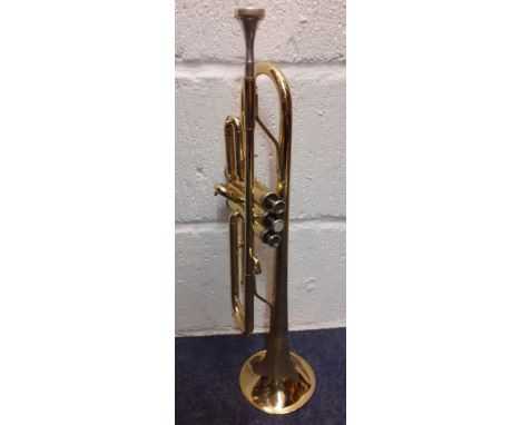 A Jupiter gold tone trumpet, model no:JTR-300, having 3 finger buttons with 2 pearlised discs missing, in a fitted case. Loca
