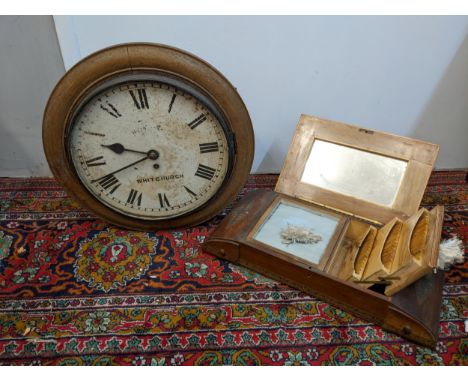 A dial clock with a fusee movement inscribed Whitechurch and a parquetry inlaid cigarette and jewellery box and a 1930's mant