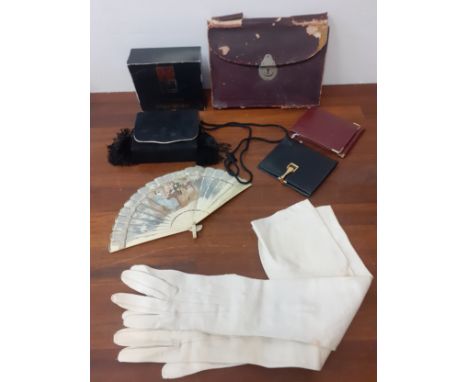 Mixed vintage accessories to include a fan, a pair of Edwardian cream kid leather elbow length ladies gloves, an YSL black su