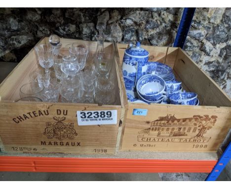 Mixed glassware and a selection of Copeland Spode Italian china in two wooden wine boxes Location:If there is no condition re