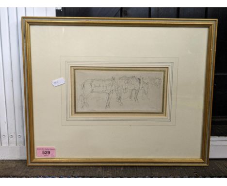 John Sell Cotman (1782-1842) a study of farm horses, Norwich School, pencil sketch on paper, unsigned, framed and glazed 38cm