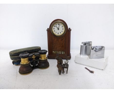 A mixed lot to include leather cased opera glasses, patinated gilt brass model of a seated cobbler working by lamp light, woo