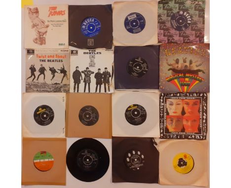 A quantity of 45rpm singles to include The Beatles 'Twist &amp; Shout', 'Long Tall Sally', a 1967 'Magical Mystery Tour' doub