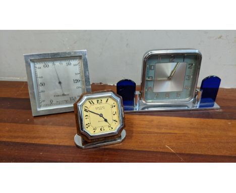 Two Art Deco clocks and another to include a chrome cased barometer, a mantel clock with a later quartz movement and a Smits 