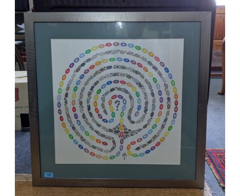 A colour patterned abstract by Elizabeth Allen titled 'Into the Labyrinth' unsigned, framed and glazed, 73cm w x 73cm hLocati