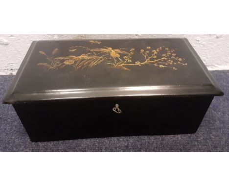 A Paillard Vaucher Fils music box playing six sacred airs in a black lacquered case with Chinoiserie decoration to the lid, h