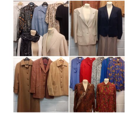 A quantity of 1960's and later ladies and gents clothing to include a ladies Daks blazer UK20, an Aquascutum beige full lengt