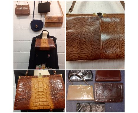 A group of vintage bags mainly 1950's-70's to include a snakeskin shoulder bag, a crocodile bag, a navy Kurt Geiger shoulder 