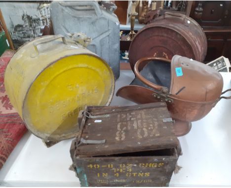 A vintage petrol can, a copper coal bucket, 2 French oil/petrol cans and a military box A/F. Location:SR 