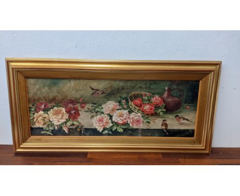 SF - a still life of roses, a flask and birds on a shelf, oil on canvas dated '19, 32cm x 90cm in a gilt frameLocation:If the