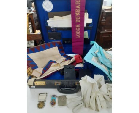Masonic regalia to include 2 aprons, a vesta case and 2 medals with references in the briefcase to Pequonga Lodge No:414 and 