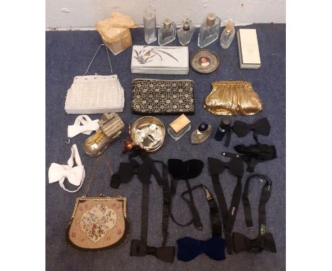 A quantity of vintage evening bags and bow ties together with collectables to include a silver plated wine coaster with deer 
