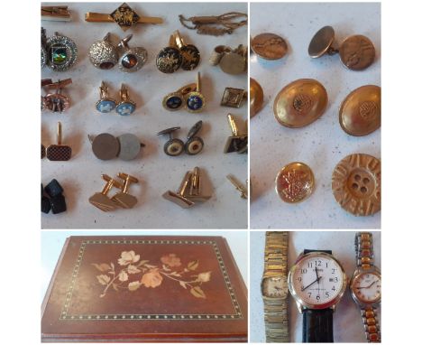 A quantity of vintage gold tone and silver tone cufflinks and tie clips to include blue Wedgwood Jasperware examples and enam