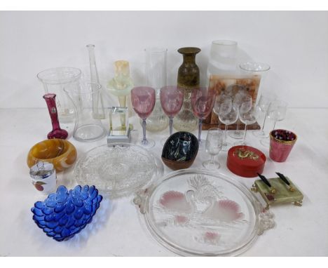 A mixed lot to include a Royal Worcester Porcelain sugar pot, an onyx mantle clock, a crystal cut glass hors d'oeuvres tray, 