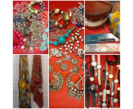 A mixed lot comprising costume jewellery, vintage shirt collars, fashion scarves, watches A/F, simulated Monet pearl necklace