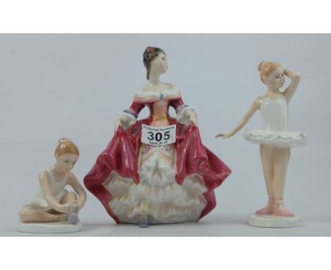 Royal Doulton figures Southern Belle HN2229, Little Ballerina HN3395 and Ballet Shoes HN3434 (3)