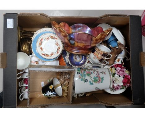 A mixed collection of items to include Edwardian china tea ware, brass figures of miners, Wade whimsies, Beswick donkey etc