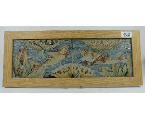 A pair of Moorcroft tiles in wooden frame decorated with fish, trial dated 2014 50cm x 20cm 