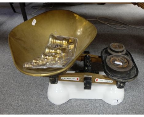 Large cast iron set of shop scales complete with brass weights 