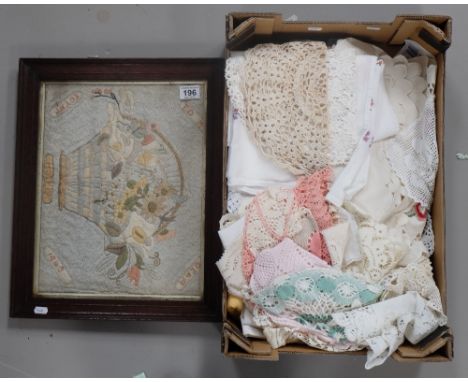 A collection of mixed linens and lace to include hand made french art tapestry 