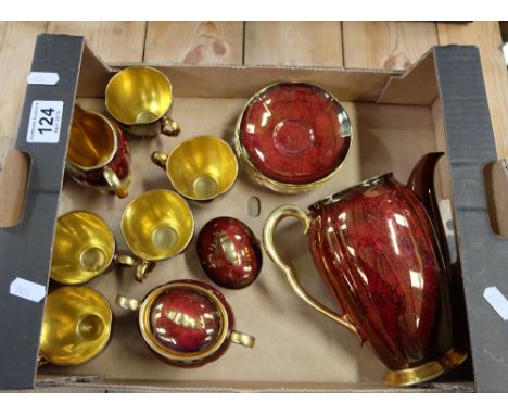 Carletonware ruby red and gold coffee set to include coffee cans, cream, sugar and coffee pot (13)